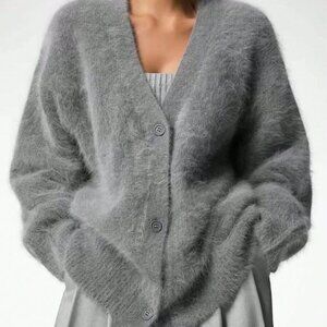 Dark Grey Casual Women's V-Neck fuzzy furry button down Sweater cardigan